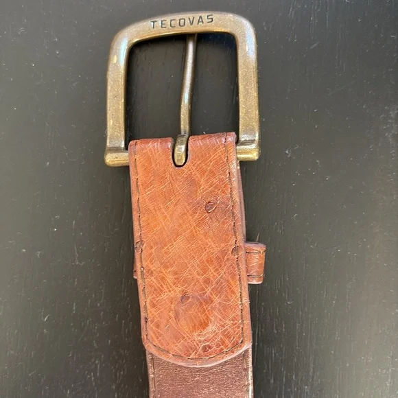Tecovas ostrich Brown Leather Belt with Brass Buckle - Picture 6 of 16